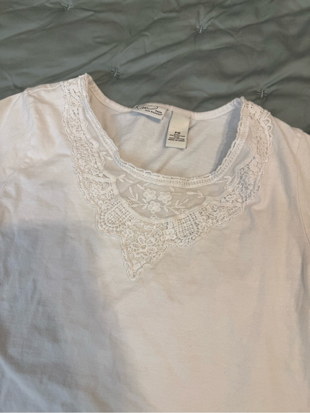Kim Rogers White Lace-Trim Scoop Neck Tee